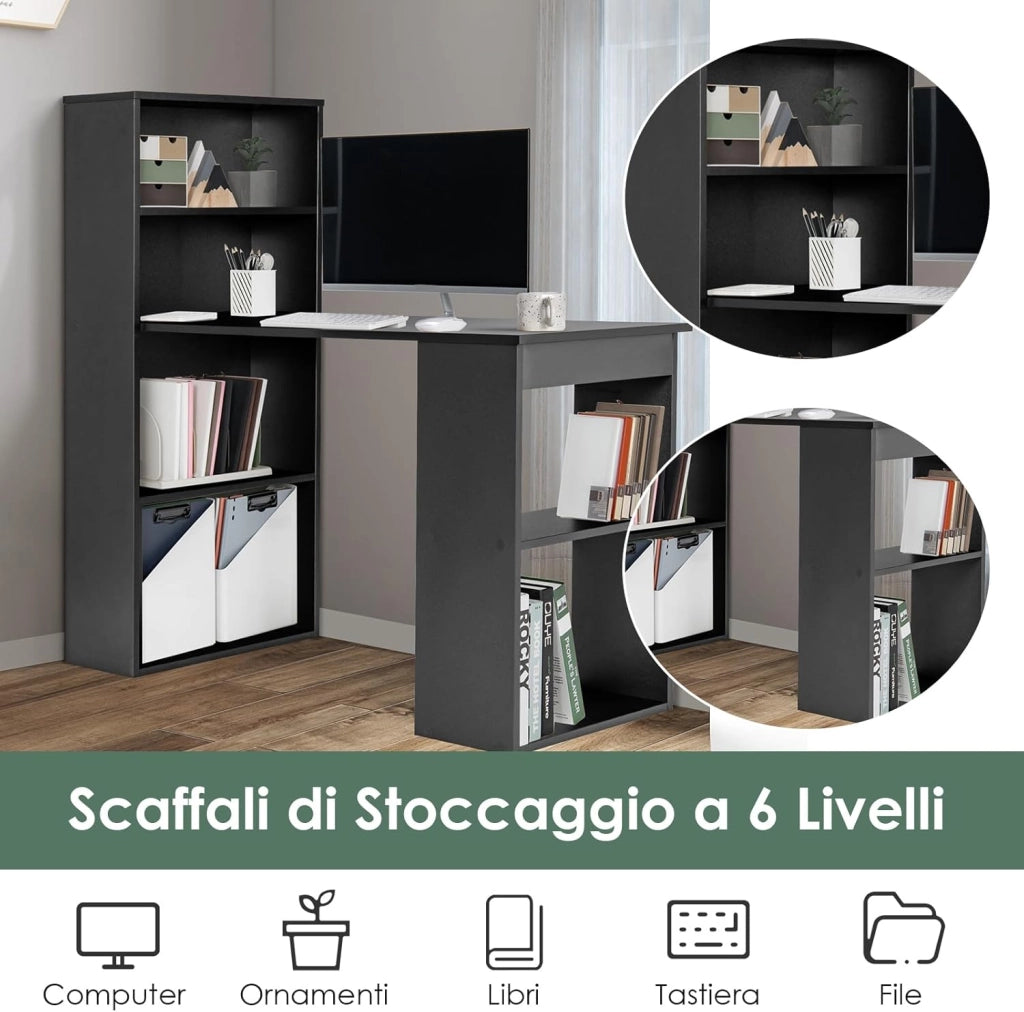 Scrivania per Computer con Libreria, Scrivania Moderna Porta PC con 6 Ripiani, Mobile Scrivania con Ripiani Regolabile Ampia Base per Casa, Ufficio (nero)