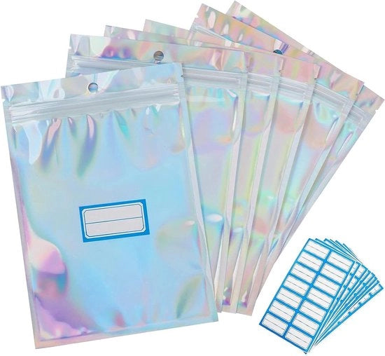 120 sacchetti di cartone rigidi con chiusura a cerniera - grande formato - resistente all'umidità - design holografico - inclusi 126 etichette - 14 x 20 cm