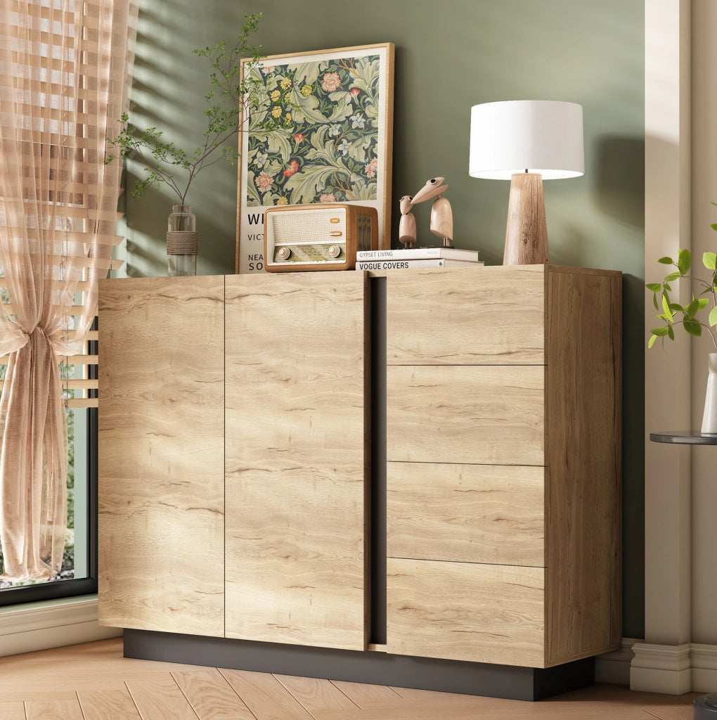Credenza con quattro cassetti, due ante e finitura naturale e nera