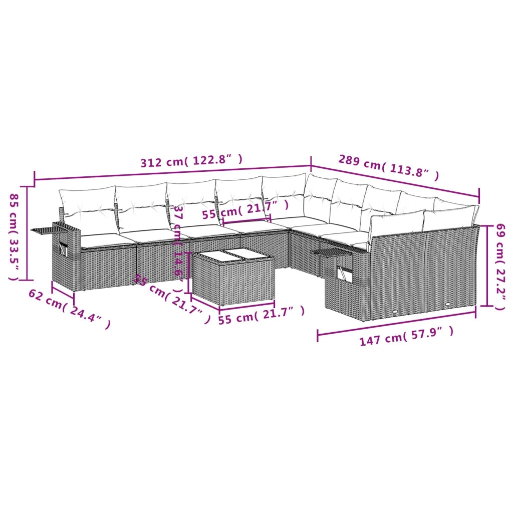 Set Divani da Giardino 11 pz con Cuscini in Polyrattan Grigio