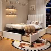 Letto imbottito contenitore con cassetti LED ¨C Minimal ¨C Velluto beige 90x200 cm
