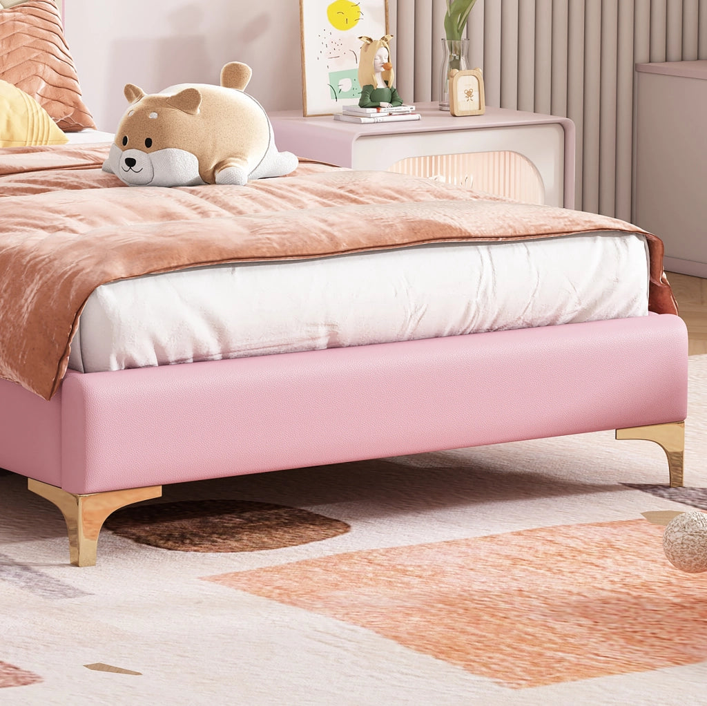 Letto singolo imbottito ULEVR 90x200 cm con LED multicolore, testiera ondulata e fiocco rosa, PU bianco e rosa