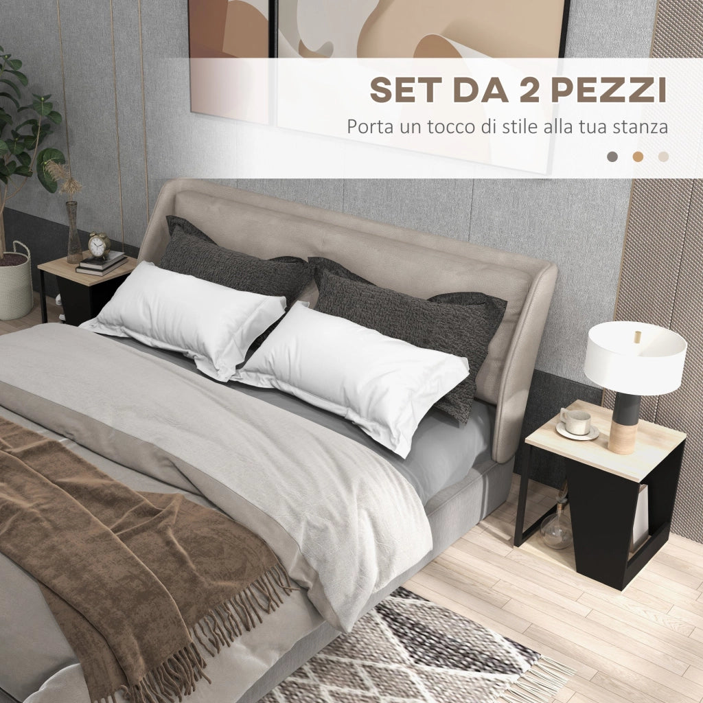 Set da 2 Tavolini da Caffè 40x40x45 cm con Vano Porta Oggetti in Truciolato e Acciaio Nero e Quercia