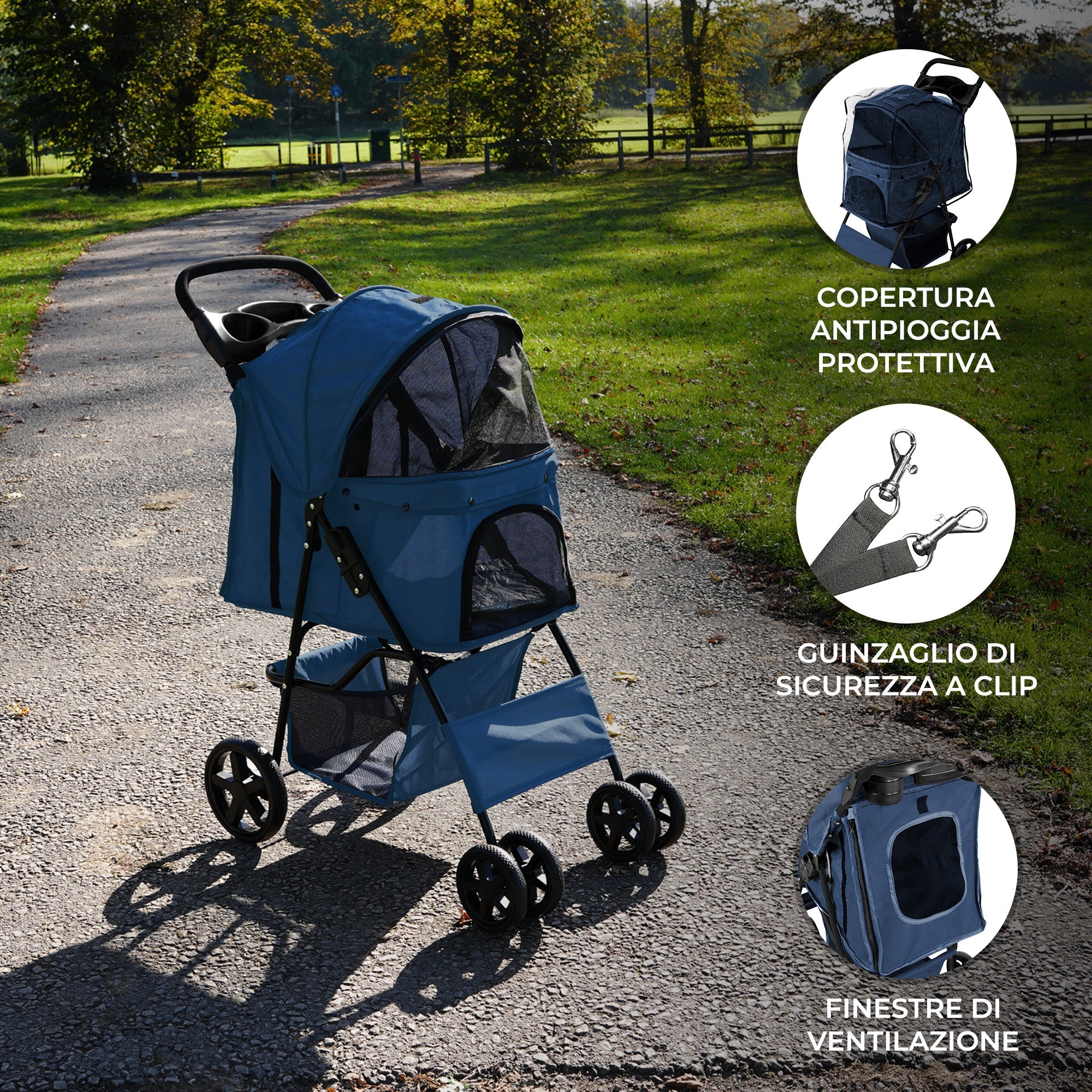 Passeggino Animali Pieghevole Blu Cane Gatto Tettuccio Antipioggia