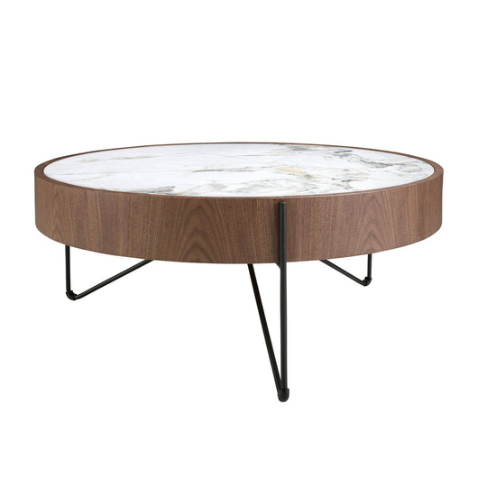 Tavolino rotondo in marmo porcellanato, noce e acciaio nero