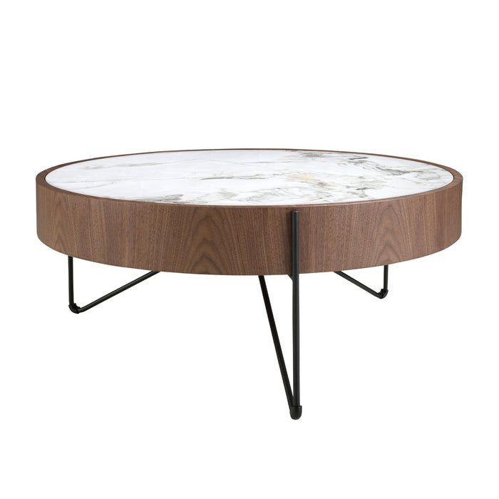 Tavolino rotondo in marmo porcellanato, noce e acciaio nero