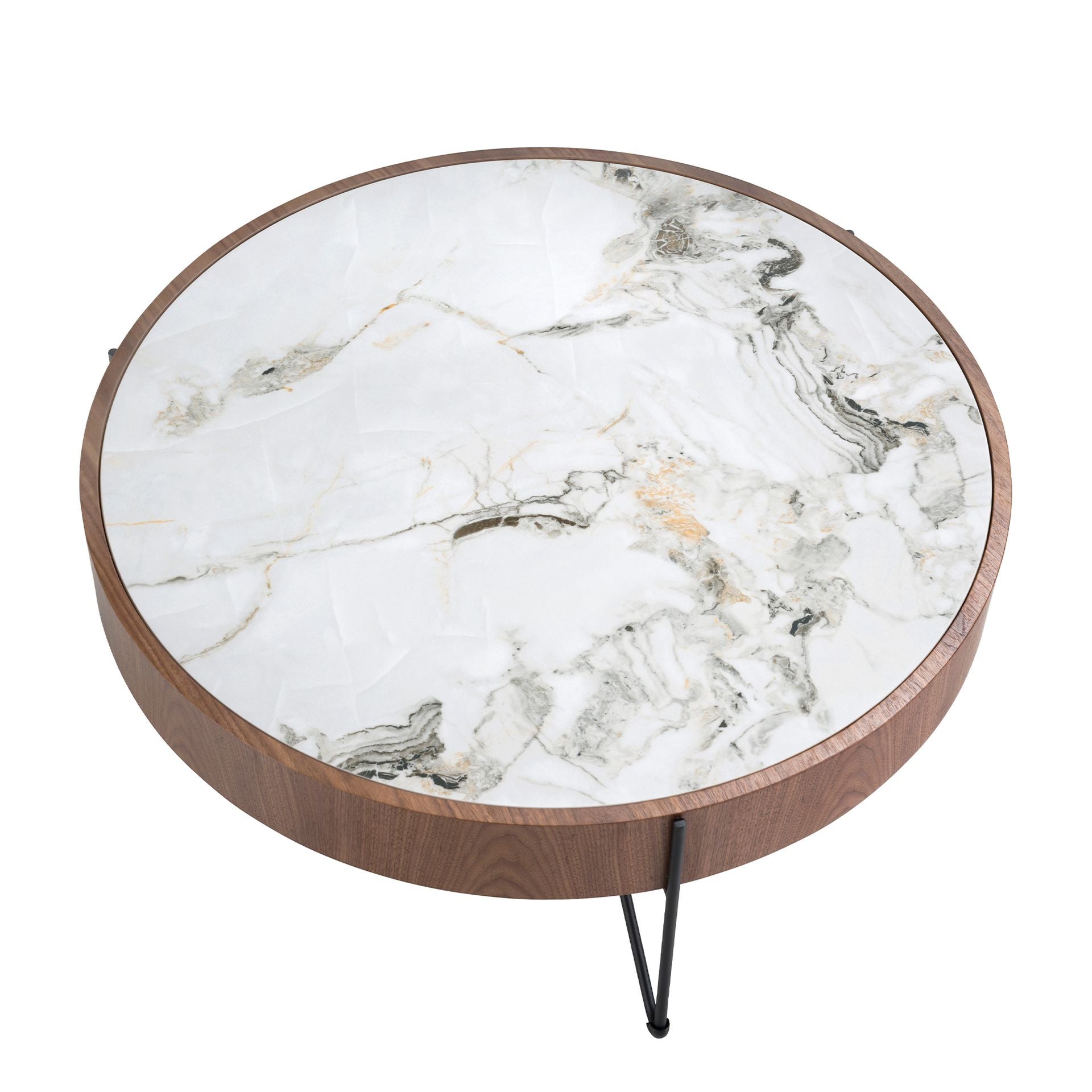 Tavolino rotondo in marmo porcellanato, noce e acciaio nero