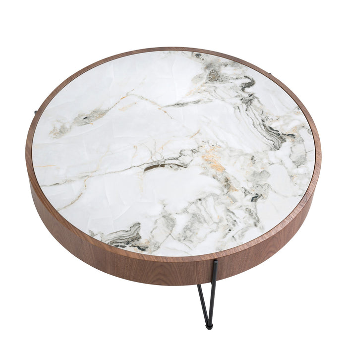 Tavolino rotondo in marmo porcellanato, noce e acciaio nero