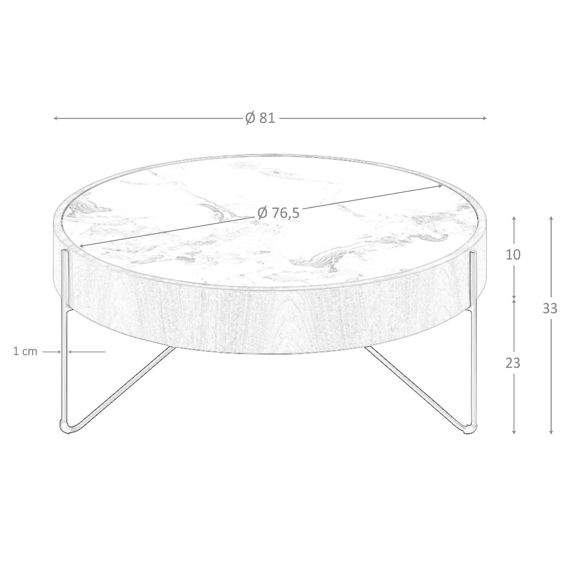 Tavolino rotondo in marmo porcellanato, noce e acciaio nero