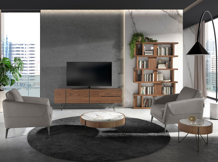 Tavolino rotondo in marmo porcellanato, noce e acciaio nero