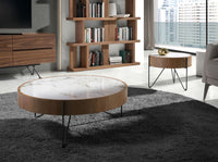 Tavolino rotondo in marmo porcellanato, noce e acciaio nero