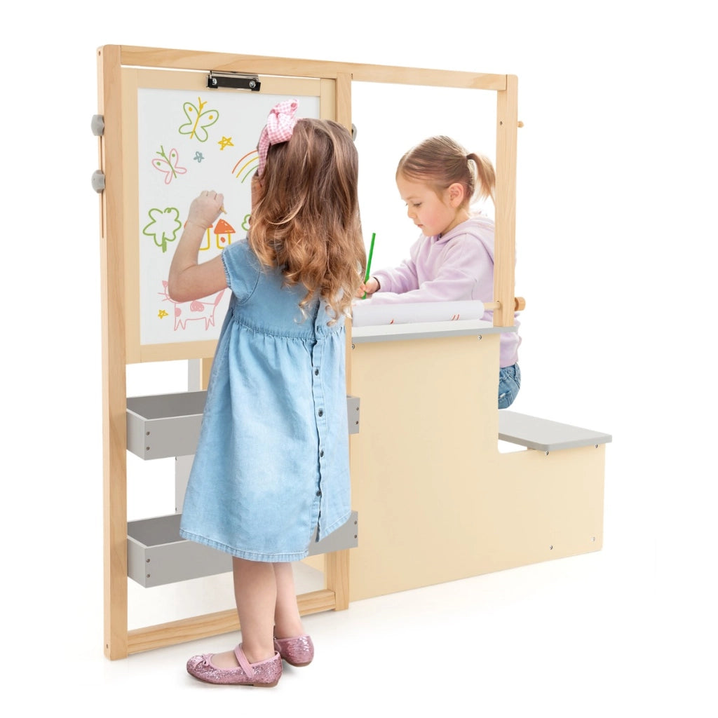 Set tavolo e panca per bambini con cavalletto regolabile a doppia faccia, Centro artistico in legno 114x81x100cm Grigio
