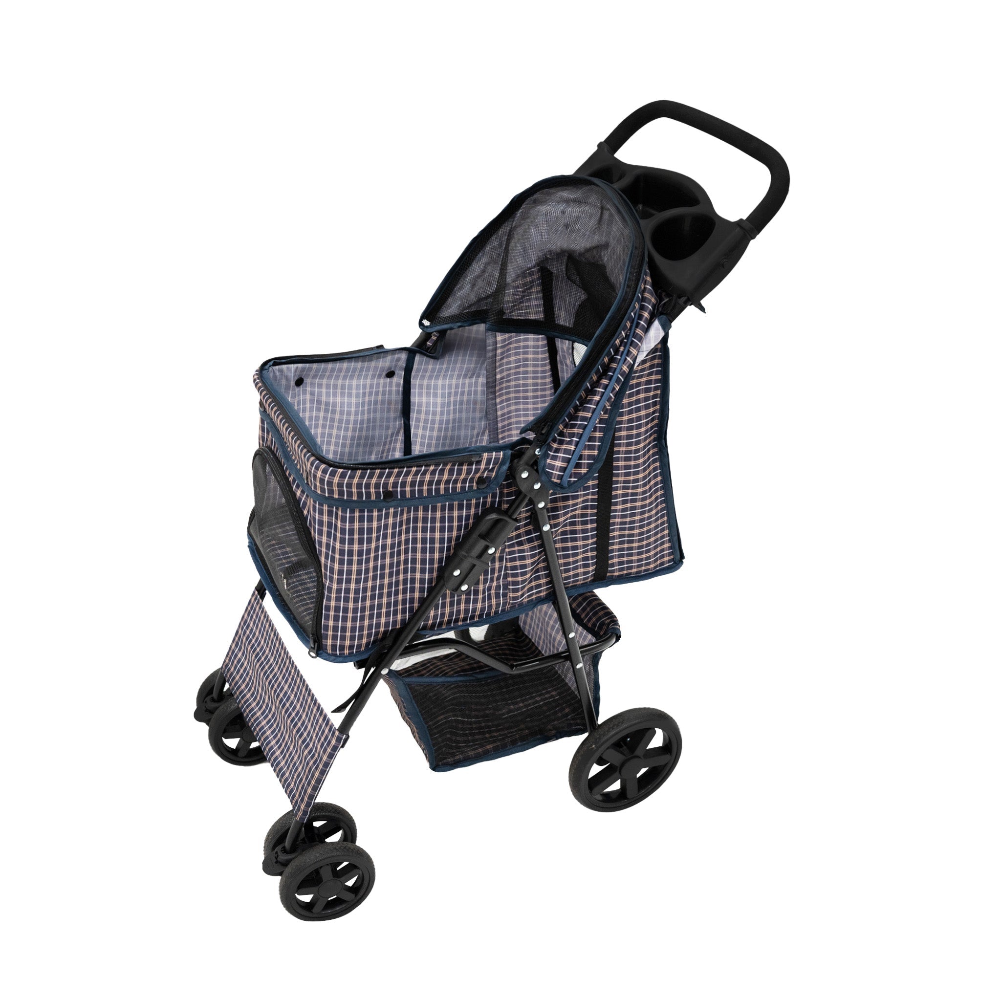 Passeggino Animali Pieghevole Blu Tartan Cane Gatto Tettuccio Antipioggia