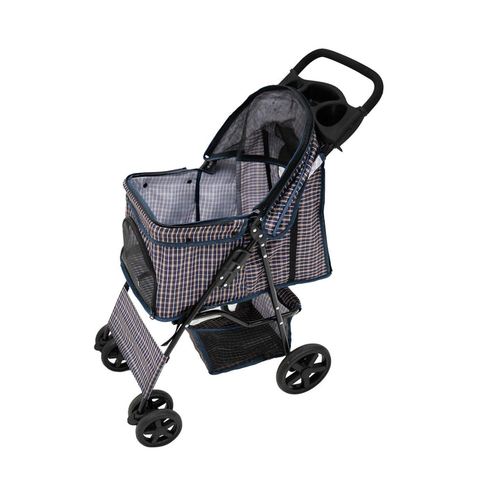 Passeggino Animali Pieghevole Blu Tartan Cane Gatto Tettuccio Antipioggia