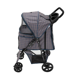 Passeggino Animali Pieghevole Blu Tartan Cane Gatto Tettuccio Antipioggia