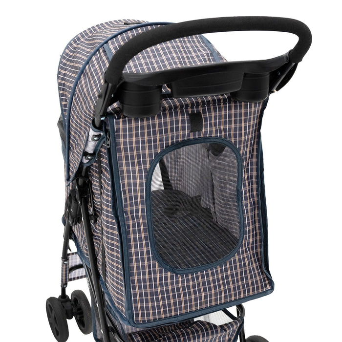 Passeggino Animali Pieghevole Blu Tartan Cane Gatto Tettuccio Antipioggia