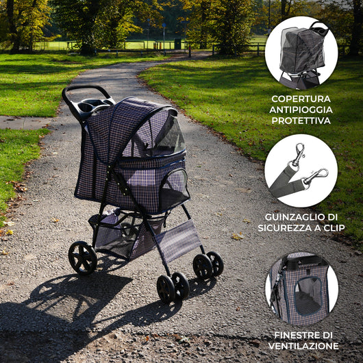 Passeggino Animali Pieghevole Blu Tartan Cane Gatto Tettuccio Antipioggia