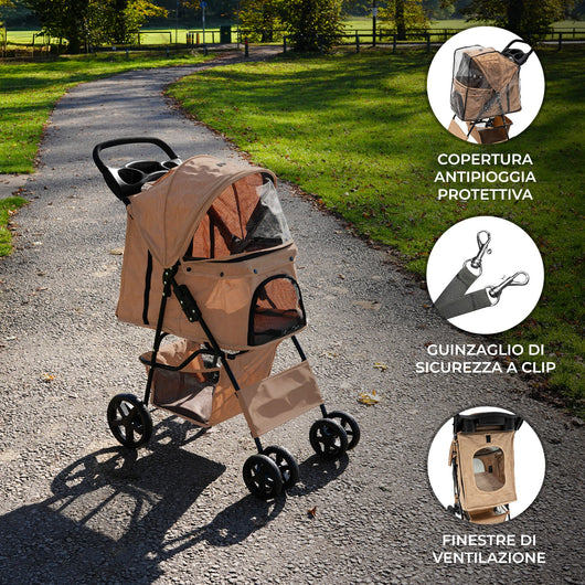 Passeggino Animali Pieghevole Beige Cane Gatto Tettuccio Antipioggia