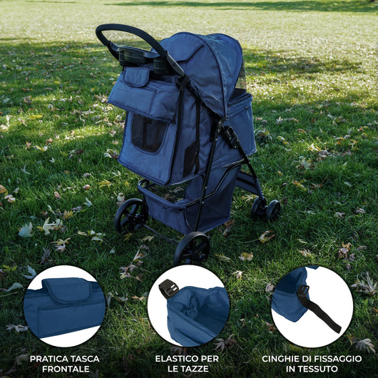 Organizer per Passeggino per Animali Blu Navy con Cinghie a Strappo e Tasche