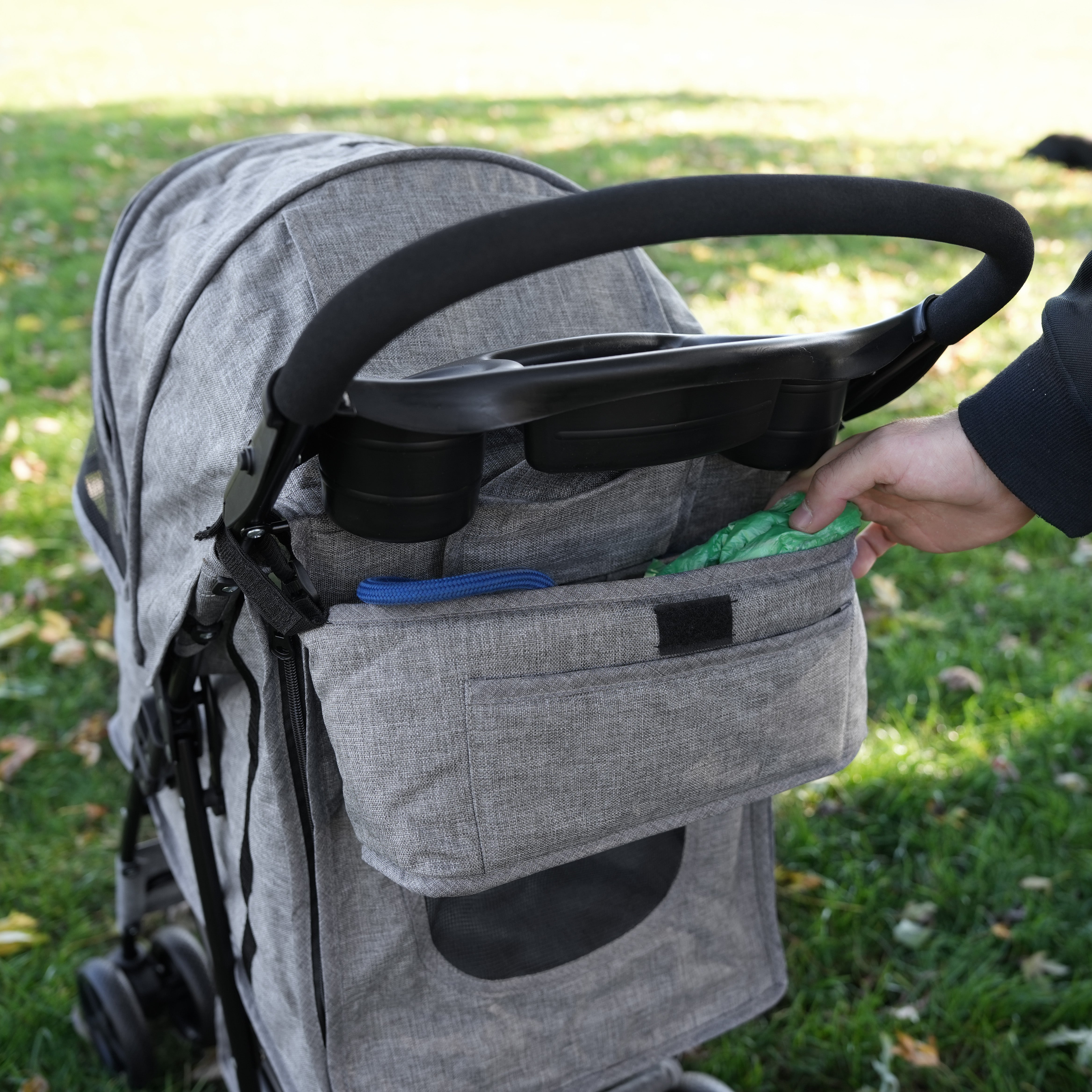 Organizer per Passeggino per Animali Grigio con Cinghie a Strappo e Tasche