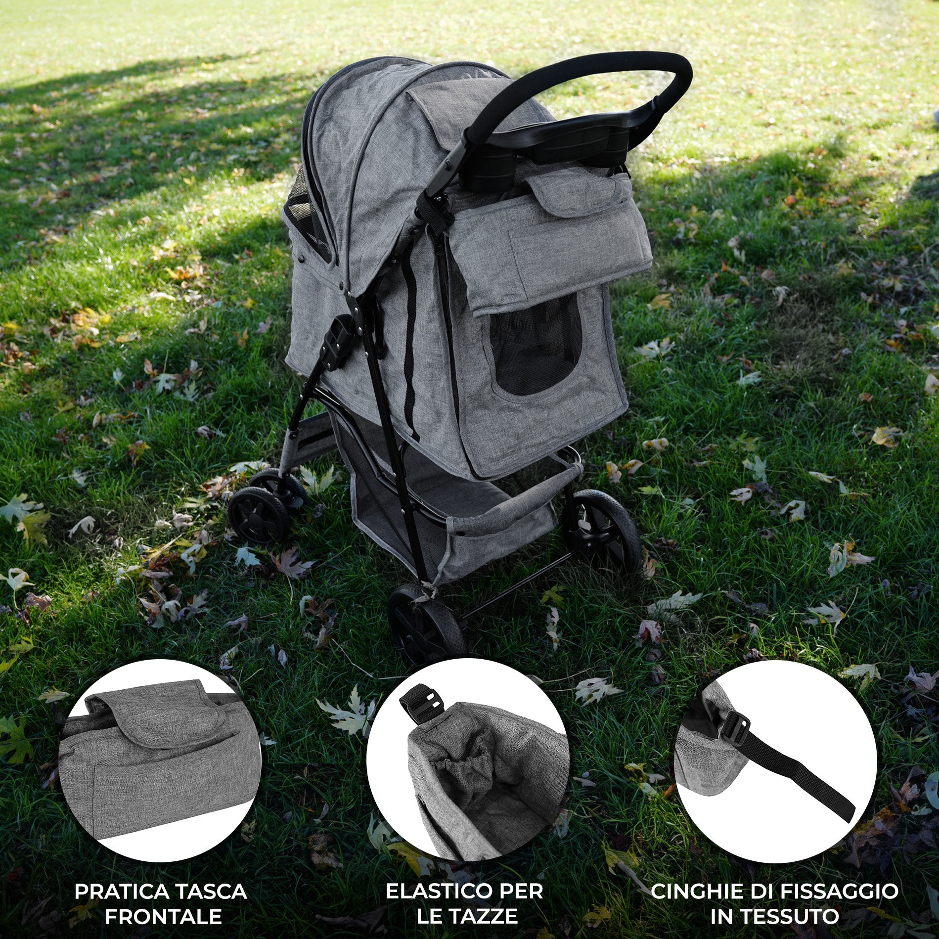 Organizer per Passeggino per Animali Grigio con Cinghie a Strappo e Tasche