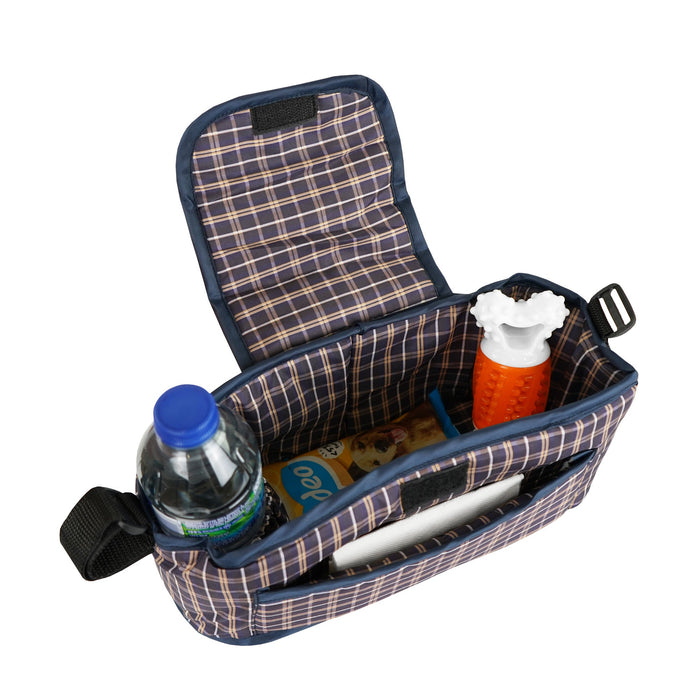 Organizer per Passeggino per Animali Blu Tartan con Cinghie a Strappo e Tasche