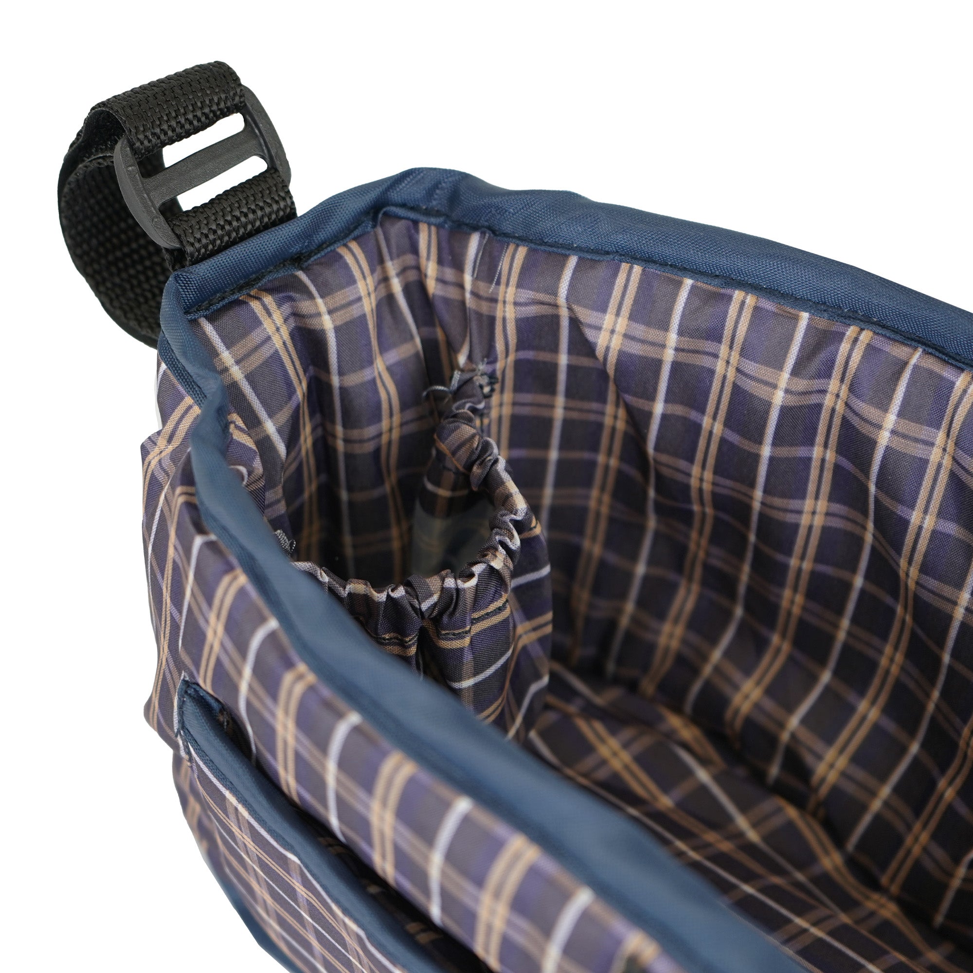 Organizer per Passeggino per Animali Blu Tartan con Cinghie a Strappo e Tasche