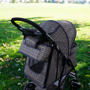 Organizer per Passeggino per Animali Blu Tartan con Cinghie a Strappo e Tasche