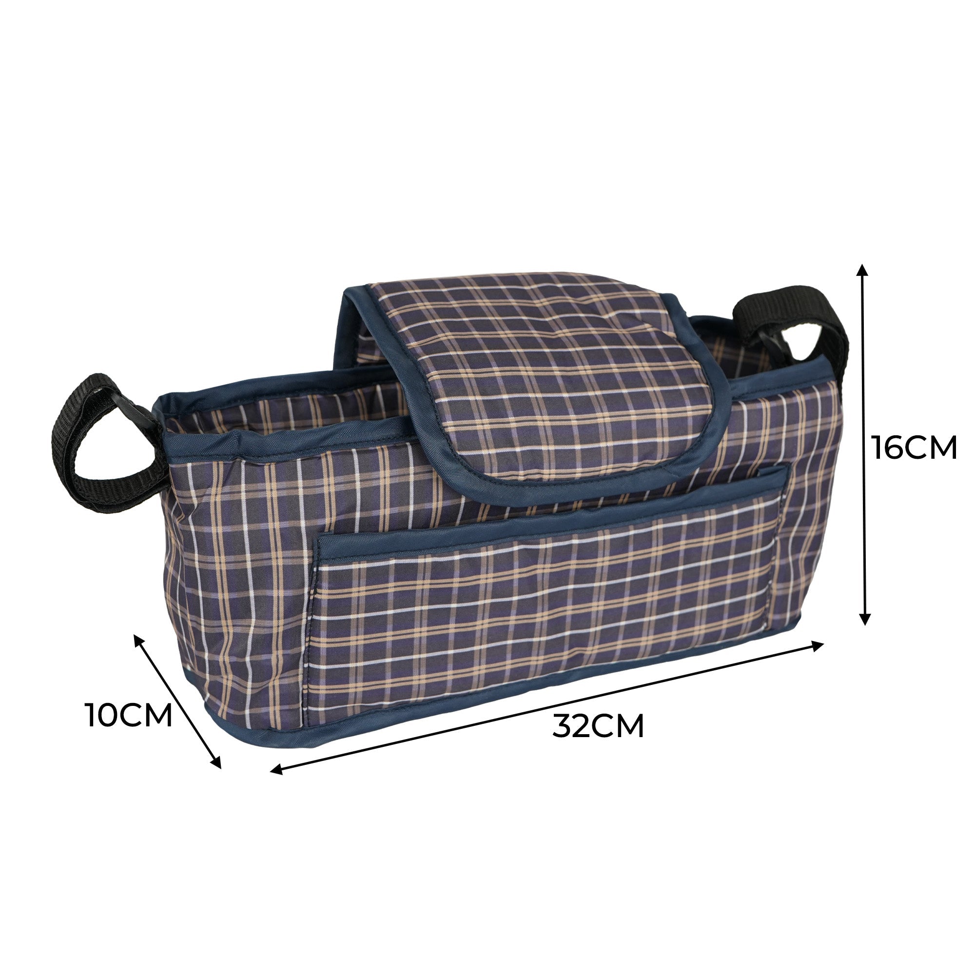 Organizer per Passeggino per Animali Blu Tartan con Cinghie a Strappo e Tasche