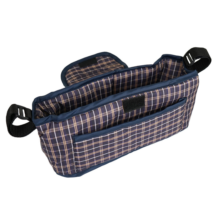 Organizer per Passeggino per Animali Blu Tartan con Cinghie a Strappo e Tasche