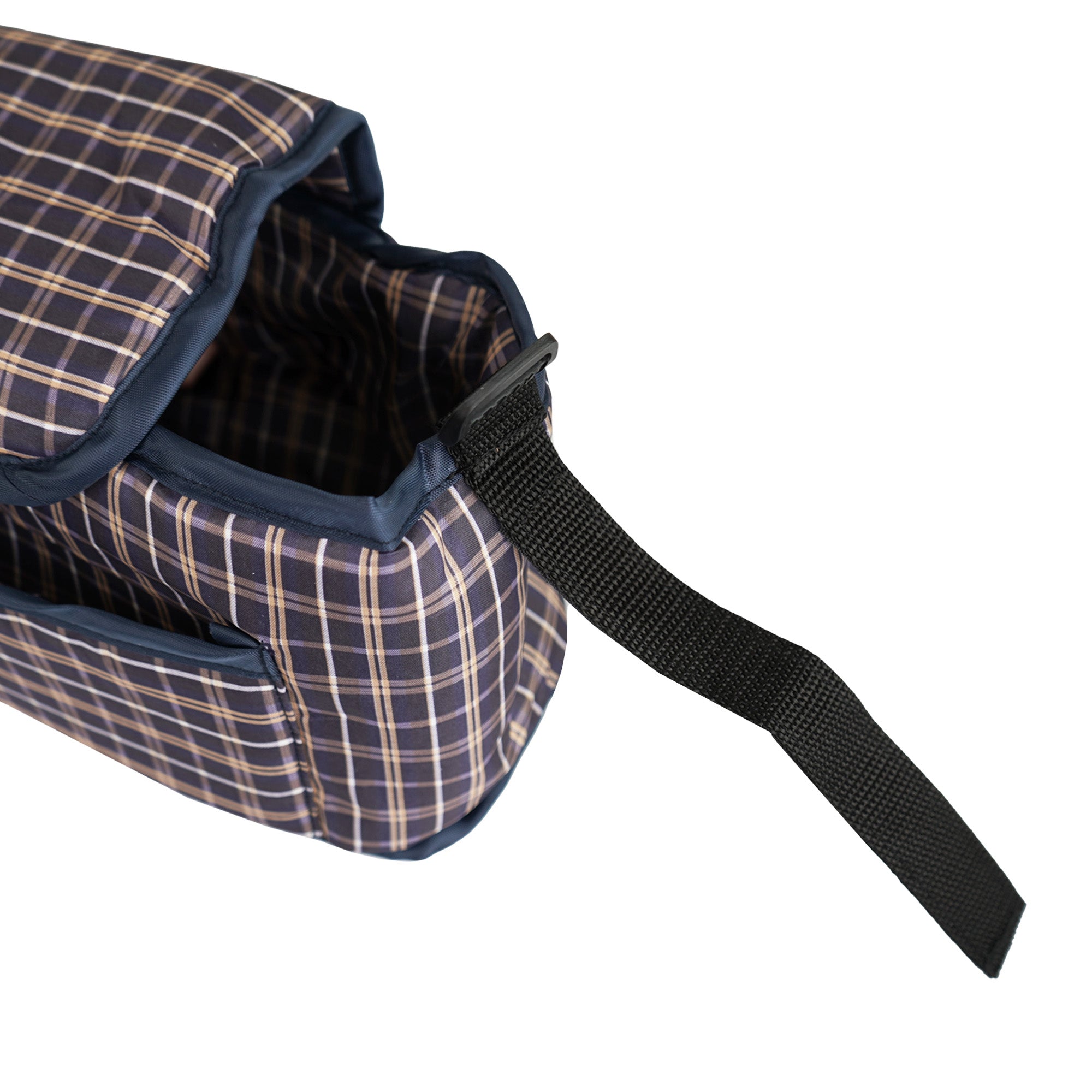 Organizer per Passeggino per Animali Blu Tartan con Cinghie a Strappo e Tasche