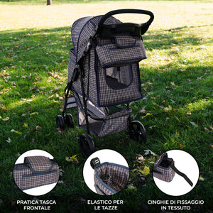 Organizer per Passeggino per Animali Blu Tartan con Cinghie a Strappo e Tasche