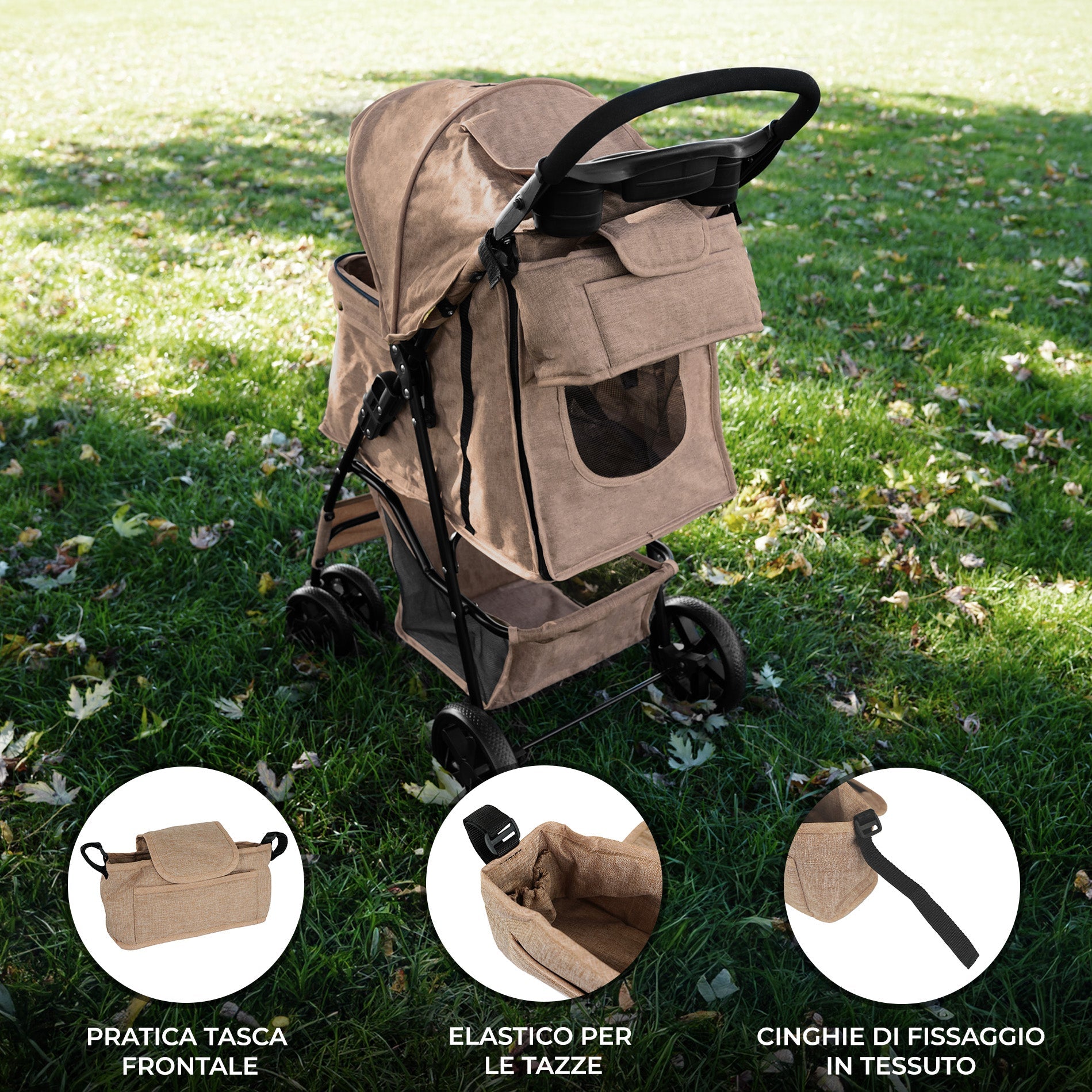 Organizer per Passeggino per Animali Beige con Cinghie a Strappo e Tasche
