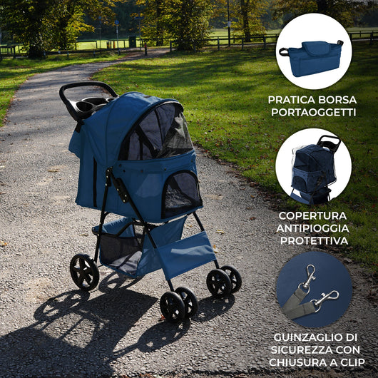 Passeggino per animali Blu con Borsa Organizer Pieghevole da Viaggio per Cani