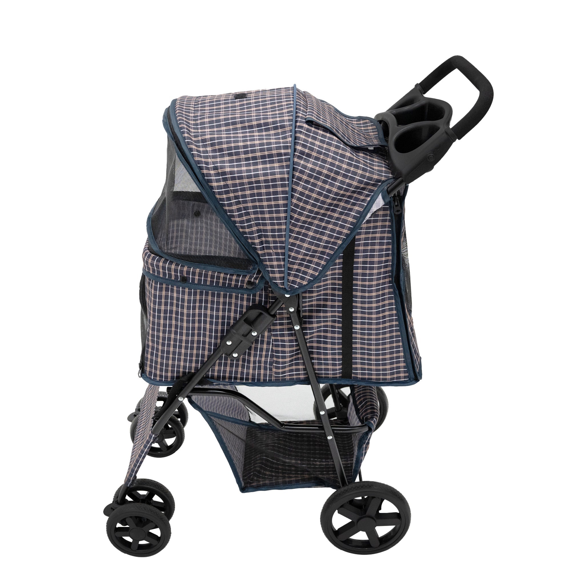 Passeggino per animali Blu Tartan con Borsa Organizer Pieghevole da Viaggio per Cani