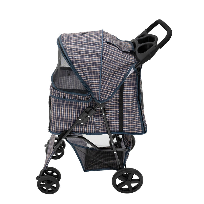 Passeggino per animali Blu Tartan con Borsa Organizer Pieghevole da Viaggio per Cani