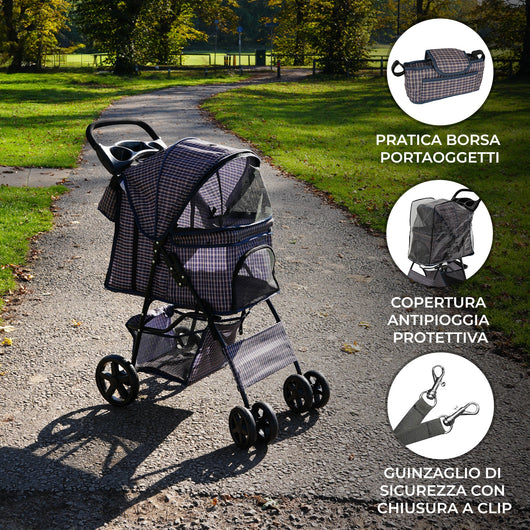 Passeggino per animali Blu Tartan con Borsa Organizer Pieghevole da Viaggio per Cani
