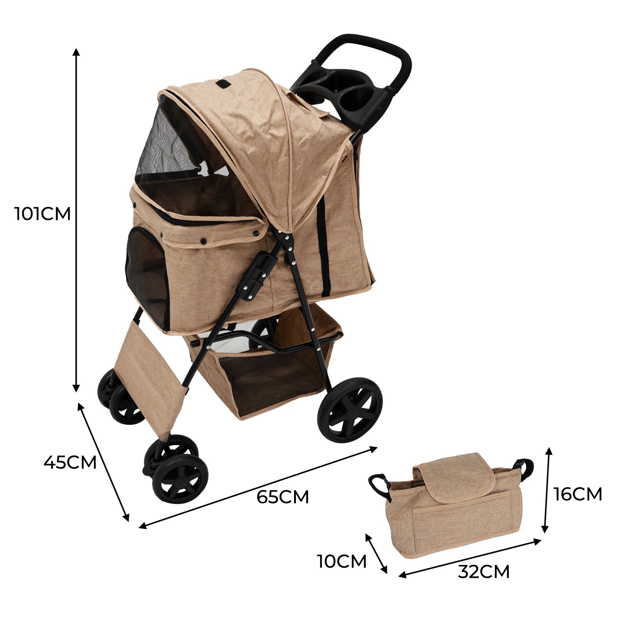Passeggino per animali Beige con Borsa Organizer Pieghevole da Viaggio per Cani