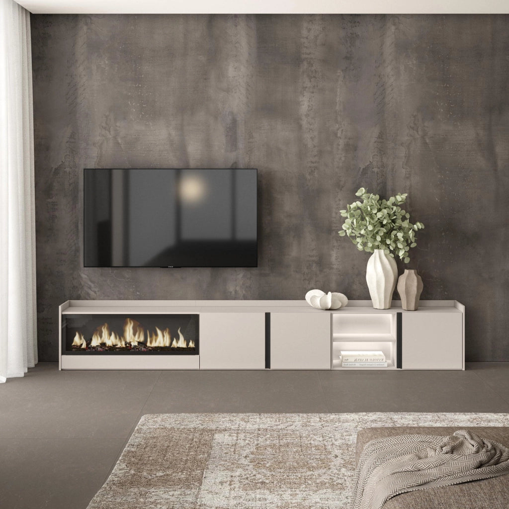 Mobile TV Soggiorno, 315x50x35 cm, Per TV fino a 80", Camino elettrico XXL, LED, Beige