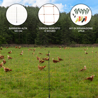 Rete Adatta per Recinti Elettrici per Pollame 50m con Pali e Maglia Alta 120cm