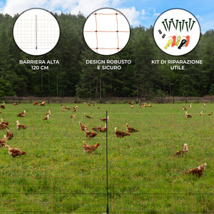Rete Adatta per Recinti Elettrici per Pollame 50m con Pali e Maglia Alta 120cm
