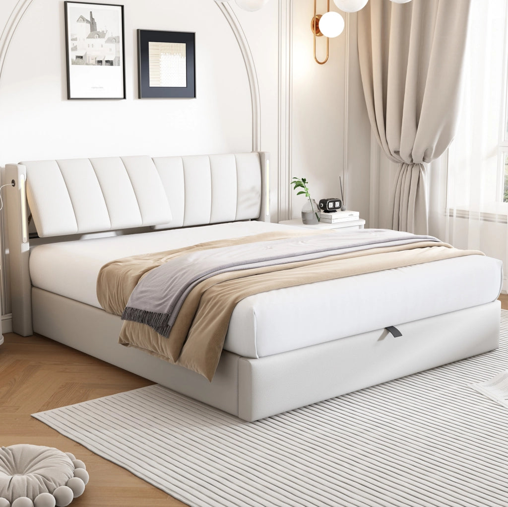 Letto con contenitore 140x190 cm in PU bianco con LED e USB