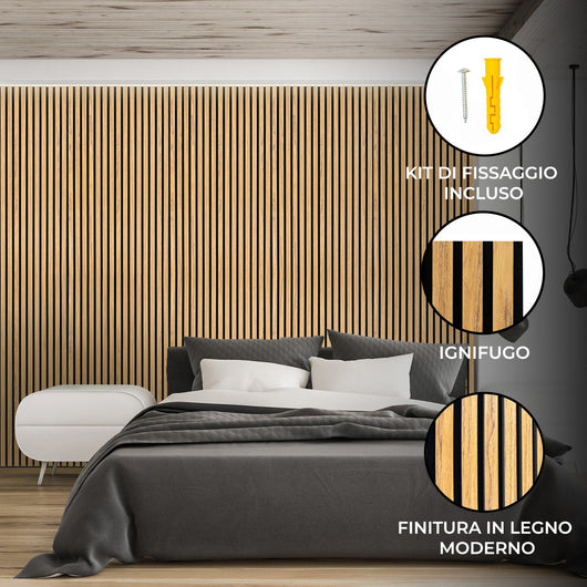Coppia di Pannelli Fonoassorbenti con Doghe Rovere 3D in Legno 2400 x 600mm