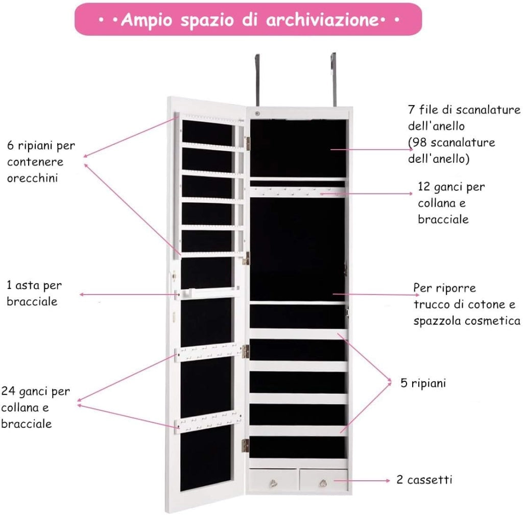 Armadietto per Gioielli con Specchio Portagioie, Specchiera da Parete con Luci LED, Bloccabile a Chiave, 33,5 x 10 x 120 cm (Bianco)