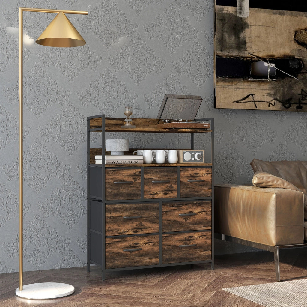 Cassettiera Industriale 7 Cassetti Rimovibili con 2 Ripiani ¨C zephmum ¨C Legno e Acciaio, Marrone e Nero, 79x29x101 cm