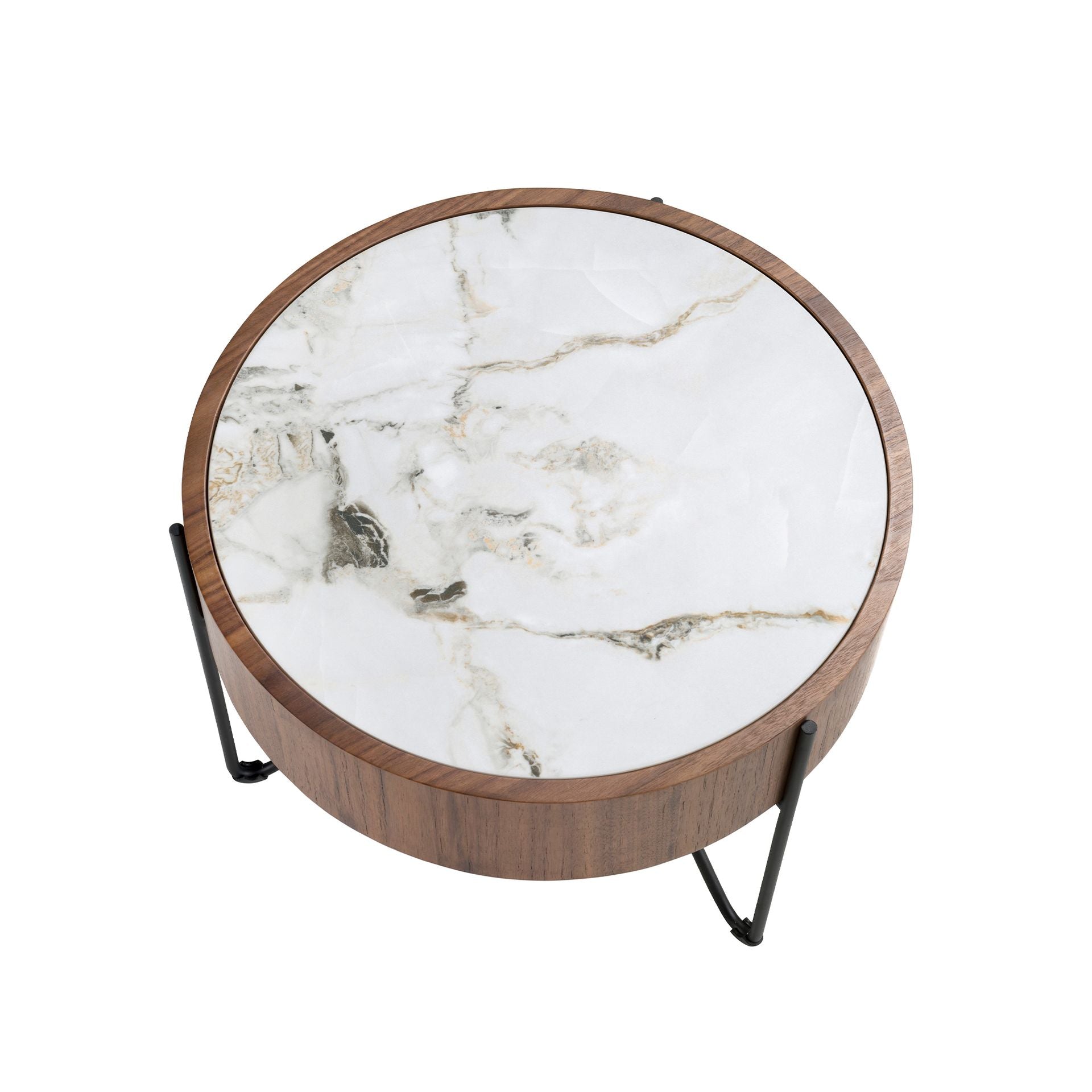 Tavolo rotondo ad angolo in marmo porcellanato, noce e acciaio nero