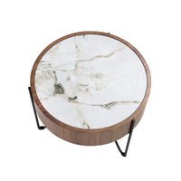 Tavolo rotondo ad angolo in marmo porcellanato, noce e acciaio nero