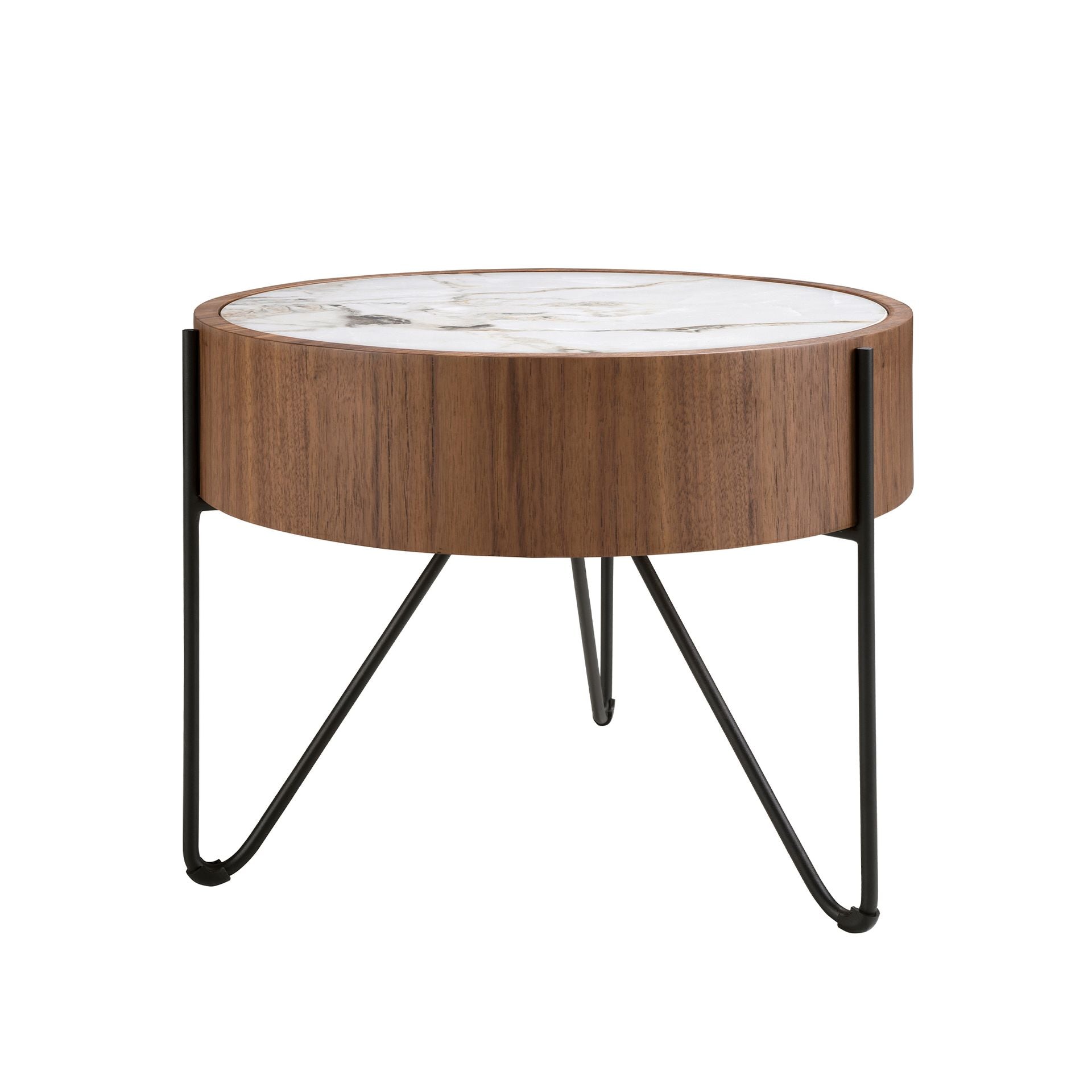 Tavolo rotondo ad angolo in marmo porcellanato, noce e acciaio nero