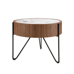 Tavolo rotondo ad angolo in marmo porcellanato, noce e acciaio nero