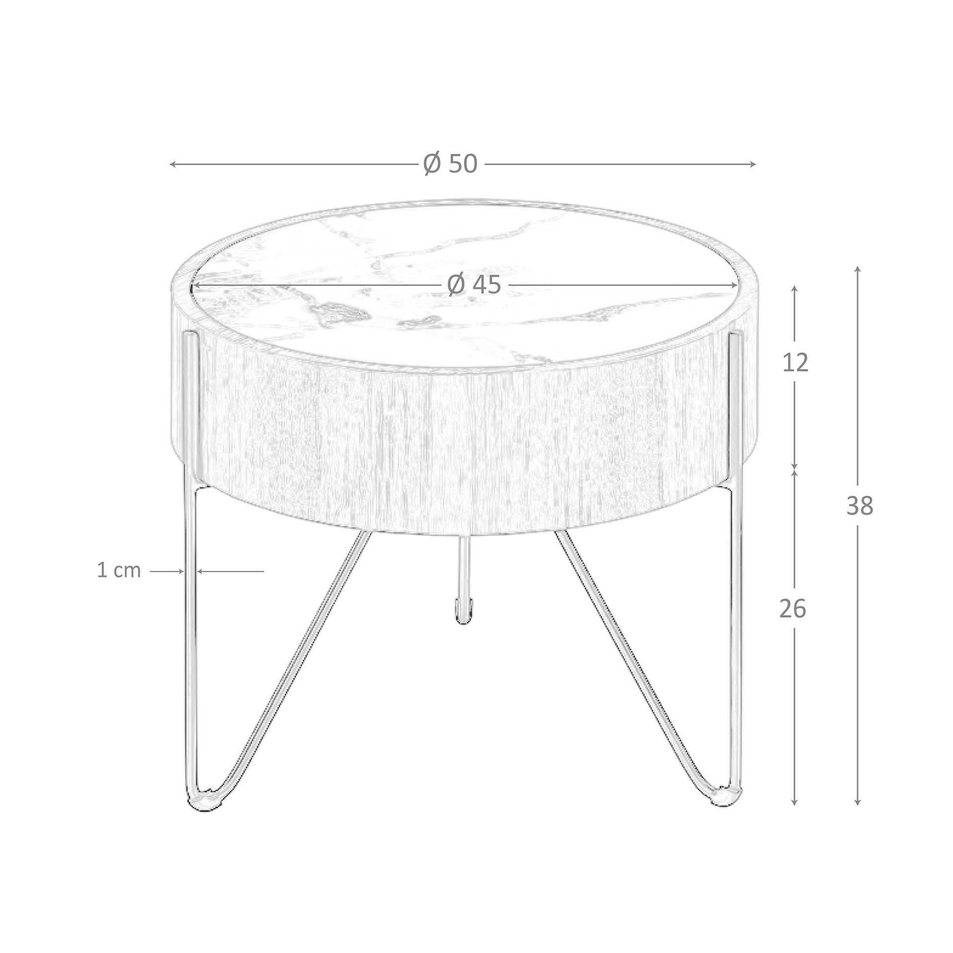 Tavolo rotondo ad angolo in marmo porcellanato, noce e acciaio nero